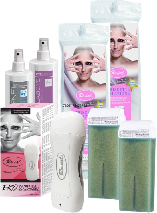 Roll-On Wax Set Pistachio – complete set met Ro.ial verwarmer, 2 Pistache patronen, harsstrips, Pre Wax Lotion en after wax olie